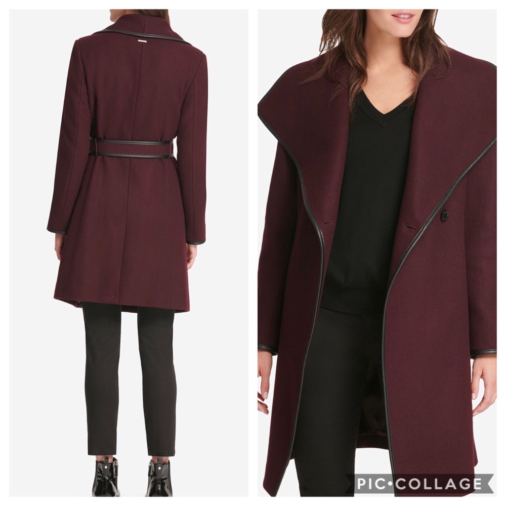 DKNY Faux-Leather-Trim Wrap Coat 🧥 in Bordeaux - Picture 13 of 17